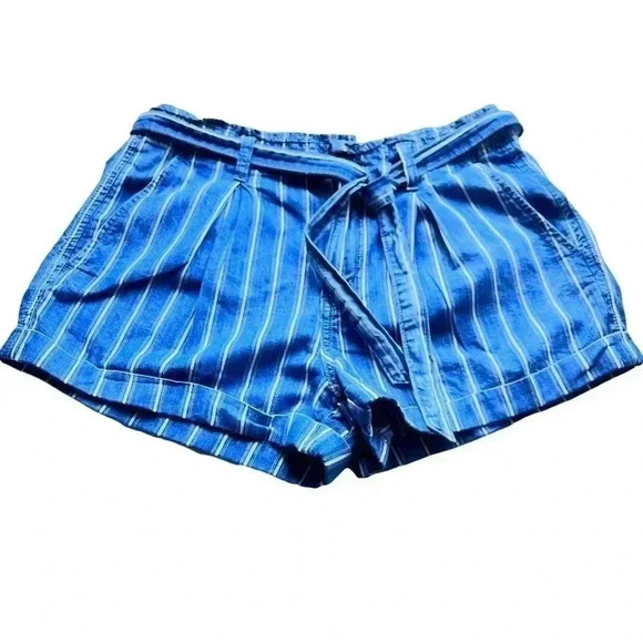WOMENS AMERICAN EAGLE•DENIM STRIPED TIE FRONT HIGH RISE PAPER BAG SHORTS•SIZE 8• - Picture 1 of 6